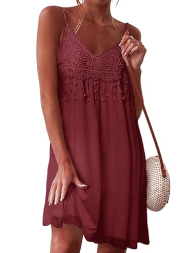 Zeagoo Damen Boho Kleid Strandkleid V-Ausschnitt Sommerkleid mit Fransen Trägerkleid Bohemian Midikleid Lässig Minikleid Ärmellos Freizeitkleid Weinrot XXL von Zeagoo