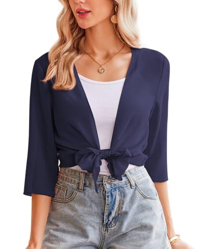 Zeagoo Damen Bolero Chiffon Jacke Transparente Leichte Bolerojacke Festlich Bolerojacke Kurzarm Sommer Sonnenschutz Jäckchen Navy L von Zeagoo