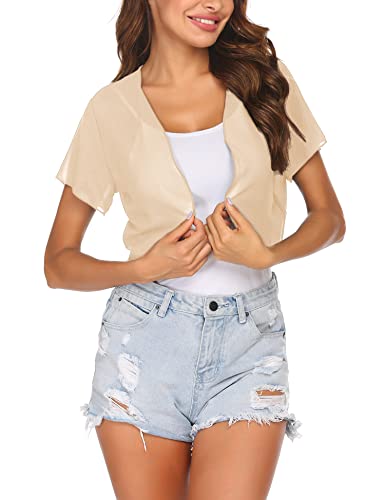 Zeagoo Damen Bolero Chiffon Kurzarm Bolerojacke Festliche Elegante Jacke Leicht Transparent Offene Kurzjacke Cardigan für Sommer Beige L von Zeagoo