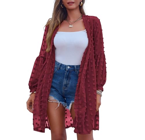 Zeagoo Damen Bolero Chiffon Lang Kimono Elegant Strickjacken Offene Bolerojacke Sommer Strand Outfits Langarm Solid Tops Rot XXL von Zeagoo