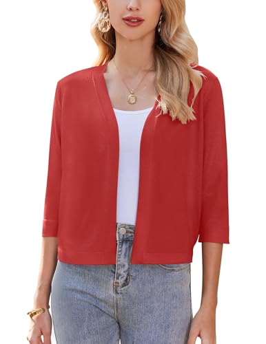 ZEAGOO Damen Bolero Elegant Strickjacke Casual Bolerojacke Festlich 3/4 Ärmel Cardigan Solid Cardigan Top Rot XXL von ZEAGOO