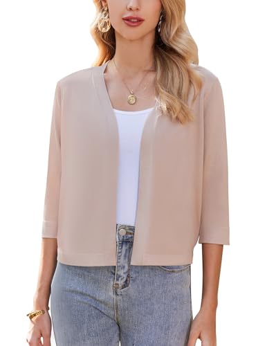 Zeagoo Kurze Jacke Damen Bolero Elegant 3/4 Ärmel Strickjacke Festlich Schulterjacke Einfarbig Kurz Top Beige XXL von Zeagoo