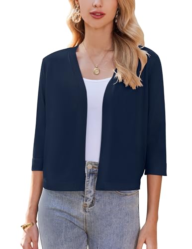 Zeagoo Damen Bolero Open Front Cardigan Elegant Casual Strickjacke 3/4 Ärmel Leichte Bolerojacke Navy Blau XL von Zeagoo