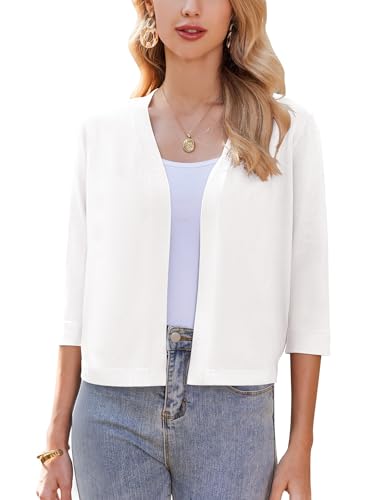 Zeagoo Damen Bolero Kurz Strickjacke 3/4 Ärmel Open Front Bolerojacke Festlich Elegant Cardigan Jacke für Abendkleid Weiß M von Zeagoo