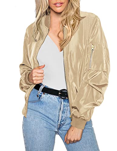 Zeagoo Damen-Bomberjacke, lässig, leicht, mit Reißverschluss, klassisch, solide Jacke, Satin-Champagner, Large von Zeagoo