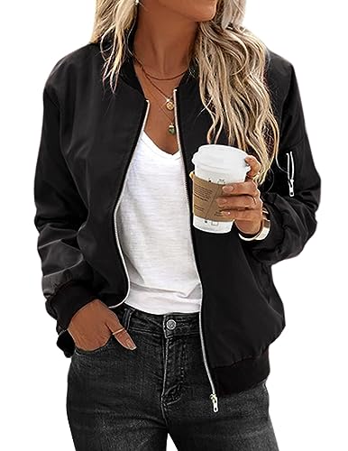 Zeagoo Damen Bomberjacke Casual Mantel Zip Up Outerwear Windbreaker mit Taschen S-XXL, Schwarz, L von Zeagoo