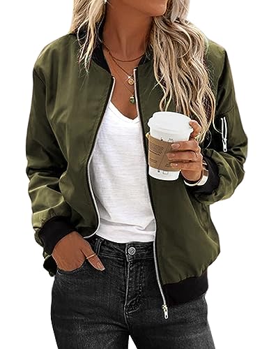 Zeagoo Damen Bomberjacke Herbst Dünne Leichte Blouson Fliegerjacke Motorradjacke Langarm Sportlich Übergangsjacke Grün Jacke mit 2 Taschen Reißverschluss für Fruhling Sommer L von Zeagoo
