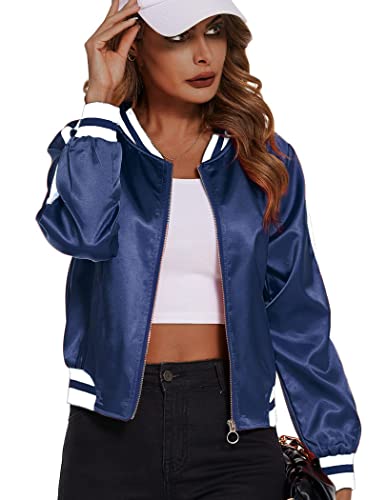 Zeagoo Damen Bomberjacke Leichte Zip Up Jacke Casual Gestreifte Jacke Mantel Oberbekleidung Windbreaker mit Taschen, Marineblau, M von Zeagoo