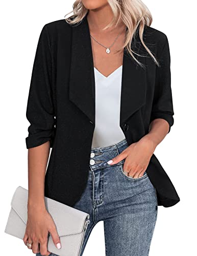 Zeagoo Damen Business Blazer Elegant 3/4 Arm Offene Front Cardigan Einfarbig Longblazer mit Knopf Freizeit Arbeit Outwear Schwarz 3XL von Zeagoo