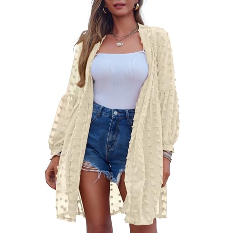 Zeagoo Strandbluse Damen Strandkleid Pareos Sommerkleid Bikini Cover Up Sommer Luftig Strandponcho Blusenkleid Knielang Elegant Strandtuch Kimono Langarm Cardigan Bademode Vertuschen Shirt Gelb L von Zeagoo