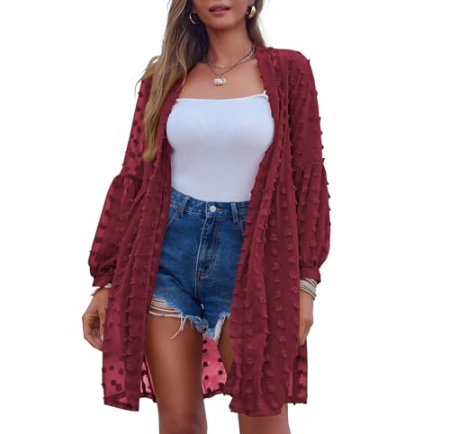 Zeagoo Strandkleid Damen Pareos Sommerkleid Bikini Cover Up Strandponcho Sommer Luftig Strandbluse Blusenkleid Knielang Elegant Strandtuch Kimono Langarm Cardigan Bademode Vertuschen Shirt Rot M von Zeagoo