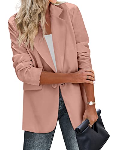 Zeagoo Damen Casual Blazer Taschen Langarm Offene Vorderseite Arbeit Büro Jacken Revers Knopf Lang Blazer Anzug für Bussiness, Nude Rosé, M von Zeagoo