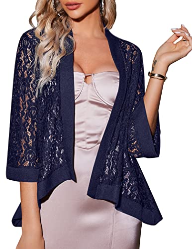 Zeagoo Damen Casual Spitze Häkeln Cardigan 3 4 Ärmel Sheer Cover Up Jacke Plus Größe, Marineblau, XX-Large von Zeagoo