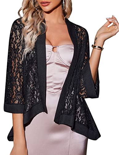 Zeagoo Damen Casual Spitze Häkeln Cardigan 3 4 Ärmel Sheer Cover Up Jacke Plus Größe, Schwarz, 3X-Groß von Zeagoo