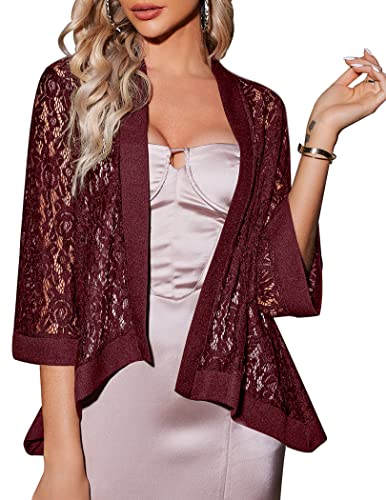 Zeagoo Damen Casual Spitze Häkeln Cardigan 3 4 Ärmel Sheer Cover Up Jacke Plus Größe, Weinrot, 3X-Groß von Zeagoo