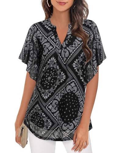 Zeagoo Damen Chiffon Bluse Fledermausärmel Casual Shirts Doppellagiges Hemd Einfarbig/Blumen Sommer Schwarz-Muster B XL von Zeagoo