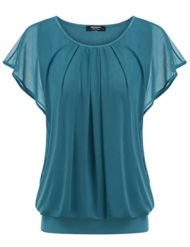 Zeagoo Damen Chiffon Shirt Kurzarm Batwing Bluse Rundkragen Oberteile Tunika Tops Türkisblau XL von Zeagoo