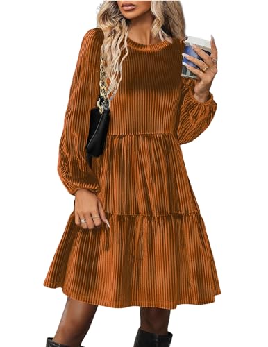Zeagoo Winter Kleid Damen Langarm A Linie Samtkleid Elegant Knielang Einfarbig Kleider Velvet Weihnachten Kleid Abendkleid mit Taschen Hellbraun M von Zeagoo