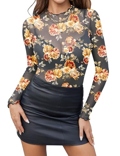 Zeagoo Damen Damen Sexy Netzshirt Transparent Mesh T-Shirt Blumenmuster mit Stehkragen und Wellenkanten für Party und Clubwear Grau-Khaki Blume XS Zeagoo Damen Damen Sexy Netzshirt Transparent Mesh T-Shirt Blumenmuster mit Stehkragen und Wellenkanten für Party und Clubwear Grau-Khaki Blume XS von Zeagoo