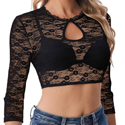 Zeagoo Damen Dirndl Bluse Schwarz Spitze 3/4 Ärmel Dirndlblusen Rundhals Trachtenblusen für Oktoberfest Elegante Blusen in Bayrischer Tracht XS von Zeagoo