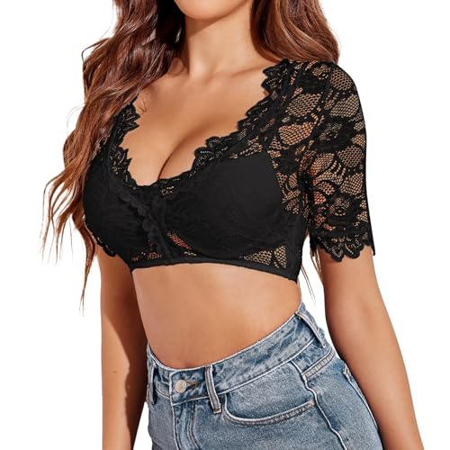 Zeagoo Dirndl Blusen Schwarz Damen Spitze Dirndlbluse Halbarm V-Ausschnitt Trachtenbluse Elegant Kurzarm Dirndlblusen Oktoberfest Kostüm Schwarz XXL von Zeagoo
