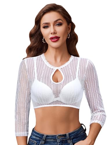 Zeagoo Damen Dirndlbluse Weiß 3/4 Ärmel Dirndl Bluse Spitze Rundhals Elegante Blusen in Bayrischer Tracht Trachtenblusen für Oktoberfest M von Zeagoo