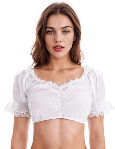 Zeagoo Damen Dirndlbluse Weiß Kurzarm Schulterfrei Dirndl Bluse Oktoberfest Dirndlblusen Halbarm V Ausschnitt Trachtenblusen mit Puffärmeln Weiß M von Zeagoo