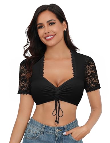 Zeagoo Damen Dirndlbluse Schwarz V Ausschnitt Trachtenbluse Spitze Dirndl Bluse Schwarz Dirndlblusen Elegante Tracht Blusen Kurzarm Oktoberfest Spitzenbluse Schwarz 3XL von Zeagoo