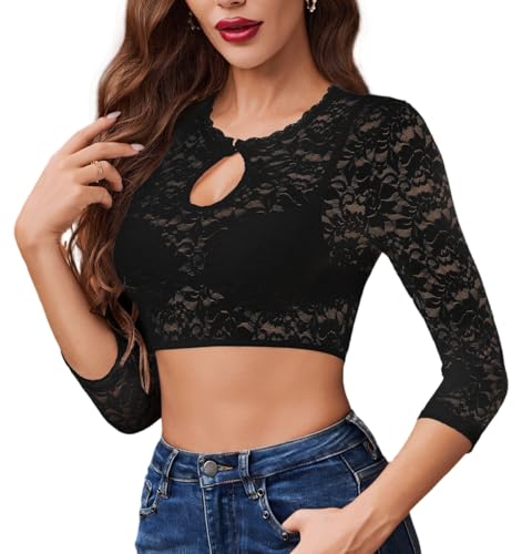 Zeagoo Damen Dirndlblusen Schwarz Spitze Dirndl Bluse 3/4 Ärmel Rund-Ausschnitt Trachtenblusen Elegante Blusen in Bayrischer Tracht Bluse für Dirndl für Oktoberfest S von Zeagoo