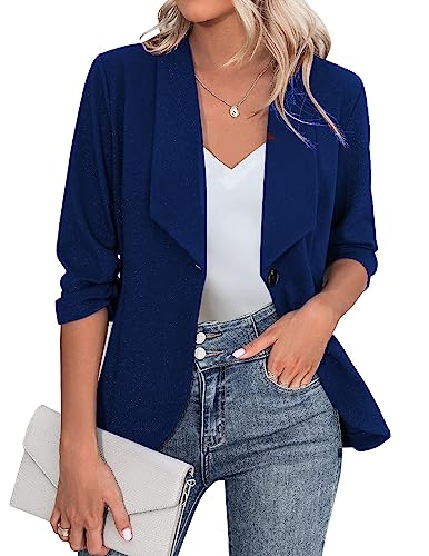 Zeagoo Damen Einfarbig Blazer Halbarm Elegant Sportlich Business Jacke Lang Büro Jacke Slim Fit Blau M von Zeagoo