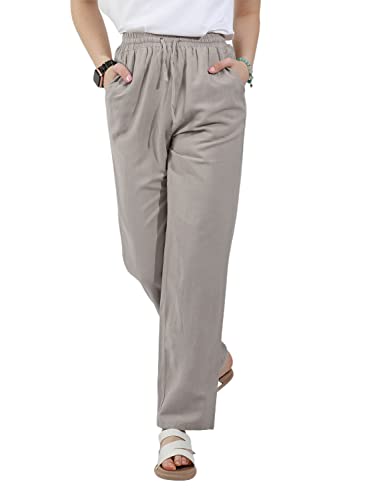 Zeagoo Damen Einfarbig Weite Hose Lang Elegant Leinenhose Sommer Palazzo Hohe Taille Strand Hose mit Taschen von Zeagoo