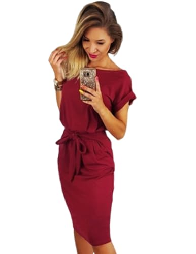 Zeagoo Damen Elegant Bleistiftkleid Sommer Kleid Rundhals Kurzarm Knielang Kleider Freizeit Strandkleid Mit Gürtel von Zeagoo