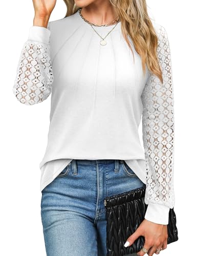 Zeagoo Damen Elegant Bluse Langarm Rundhals T Shirt Raglan Spitzenärmel Lässig Oberteile Casual Blusen Shirt Herbst und Winter und Winter Tunika Work Fashion Top Weiß XL von Zeagoo