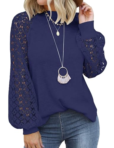 Zeagoo Damen Elegant Blusen Rundhals Langarm Oberteile Solide Hemdbluse Spitzen Arm Tunika Bluse mit Laternenärmeln Navy Blau XXL von Zeagoo