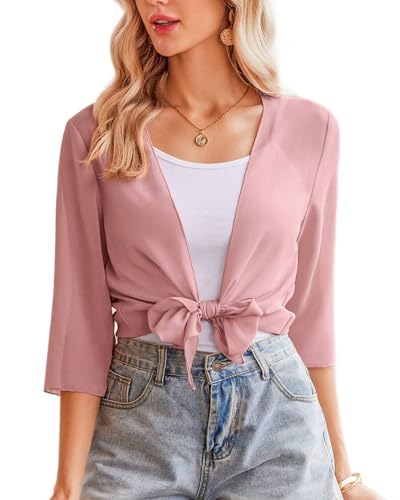 Zeagoo Damen Elegant Bolero Chiffon Jäckchen 3/4 Ärmel Front öffnen Strickjacke Einfarbig Cardigan Sommer Strand Rosa L von Zeagoo