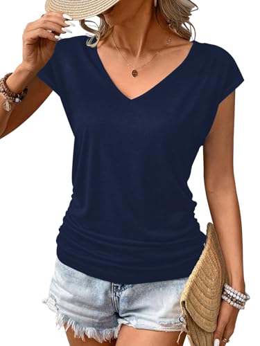 Zeagoo Damen Elegant Oberteile Falten Tank Top V-Ausschnitt Ärmellos Tops Casual Sommer Shirts Basic Einfarbig Stretch Tunika Marineblau XL von Zeagoo
