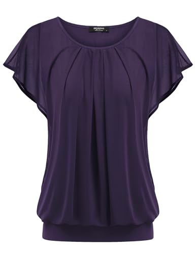 Zeagoo Damen Falten Blusen Fledermaus Ärmel Elegant Tunika Shirts Rundhals Mesh Doppellagige Oberteile Dunkellila L von Zeagoo