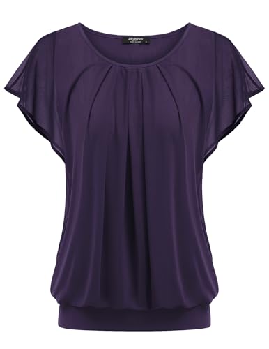 Zeagoo Damen Falten Blusen Fledermaus Ärmel Elegant Tunika Shirts Rundhals Mesh Doppellagige Oberteile Dunkellila M von Zeagoo