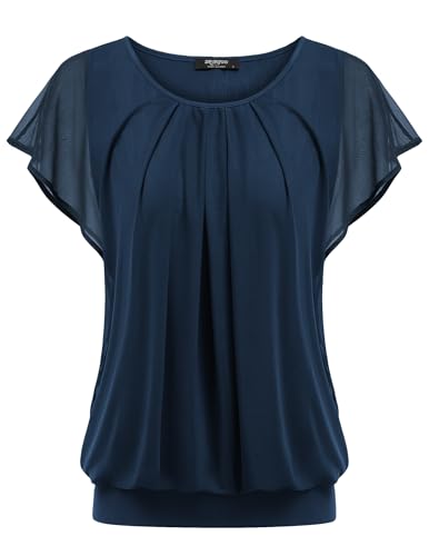 Zeagoo Damen Falten Blusen Fledermaus Ärmel Elegant Tunika Shirts Rundhals Mesh Doppellagige Oberteile Navy Blau M von Zeagoo