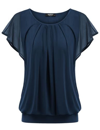 Zeagoo Damen Falten Blusen Fledermaus Ärmel Elegant Tunika Shirts Rundhals Mesh Doppellagige Oberteile Navy Blau XL von Zeagoo