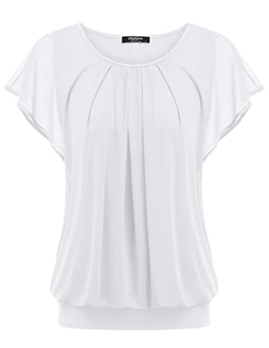 Zeagoo Damen Falten Blusen Fledermaus Ärmel Elegant Tunika Shirts Rundhals Mesh Doppellagige Oberteile Weiß XL von Zeagoo