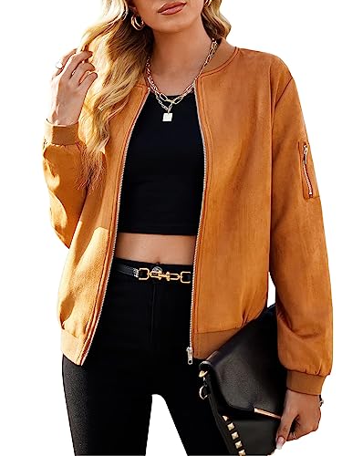 Zeagoo Damen Faux Wildleder Jacke Casual Zip Up Bombermantel Moto Biker Jacke mit Taschen, Braun, L von Zeagoo