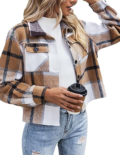 Zeagoo Damen Kurzjacke Flanell Karierte Hemdjacke Lange Ärmel Revers Button-Down-Bluse Kurz Shacket Mantel Braun S Zeagoo Damen Kurzjacke Flanell Karierte Hemdjacke Lange Ärmel Revers Button-Down-Bluse Kurz Shacket Mantel Braun S von Zeagoo