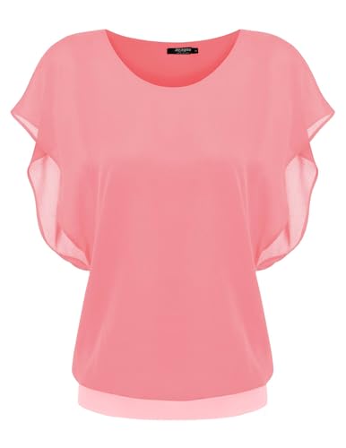 Zeagoo Damen Bluse Sommer Kurzarm Fledermaus Shirt Elegant Rundkragen Falten Tunika Top Doppellag Casual Oberteile Hellrosa XL von Zeagoo