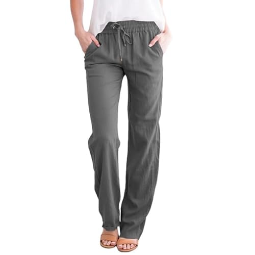 Zeagoo Damen Freizeithose Lose Leinenhose Gerades Bein Lang Locker Hausehose Hohe Taille Dehnbar Lounge Hose Dunkel Grau XXL von Zeagoo