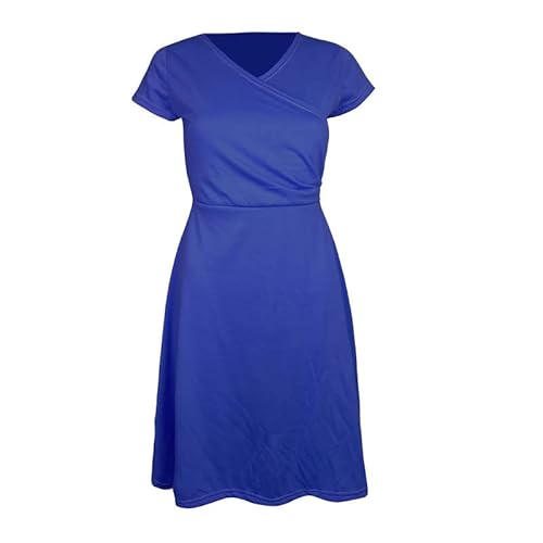 Zeagoo Damen Freizeitkleide Sommerkleider Einfarbig Minikleider Elegant T-Shirtkleider Elegant A-Linie Kleider V-Ausschnitt Kurzarm Kleider Blau-B XXL von Zeagoo