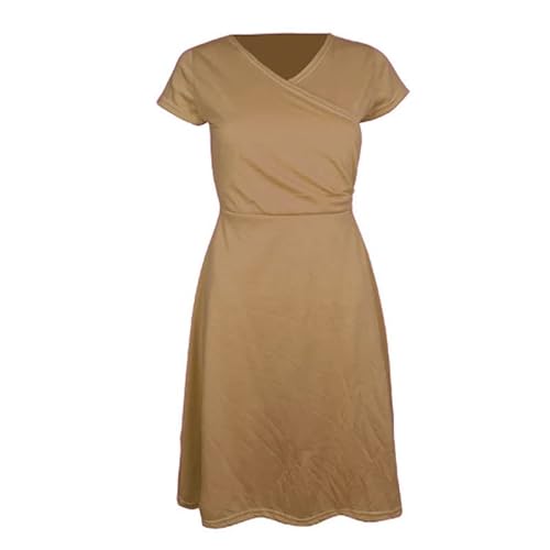 Zeagoo Damen Freizeitkleide Sommerkleider Einfarbig Minikleider Elegant T-Shirtkleider Elegant A-Linie Kleider V-Ausschnitt Kurzarm Kleider Braun M von Zeagoo