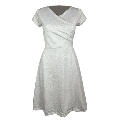 Zeagoo Damen Freizeitkleide Sommerkleider Einfarbig Minikleider Elegant T-Shirtkleider Elegant A-Linie Kleider V-Ausschnitt Kurzarm Kleider Grau-A L von Zeagoo