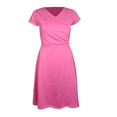 Zeagoo Damen Freizeitkleide Sommerkleider Einfarbig Minikleider Elegant T-Shirtkleider Elegant A-Linie Kleider V-Ausschnitt Kurzarm Kleider Rosa XXL von Zeagoo