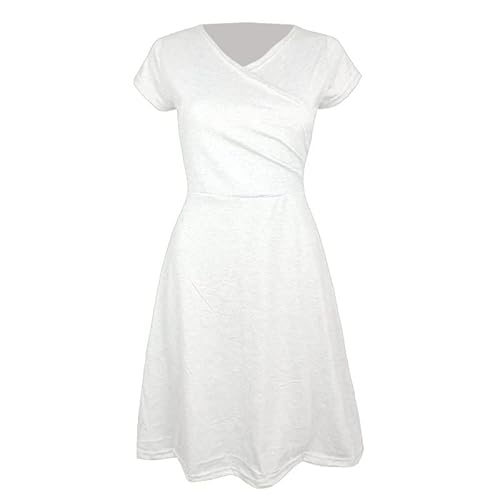 Zeagoo Damen Freizeitkleide Sommerkleider Einfarbig Minikleider Elegant T-Shirtkleider Elegant A-Linie Kleider V-Ausschnitt Kurzarm Kleider Weiß S von Zeagoo